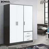 Black and white wardrobe with drawers in a room setting, featuring Bongo Furniture branding.